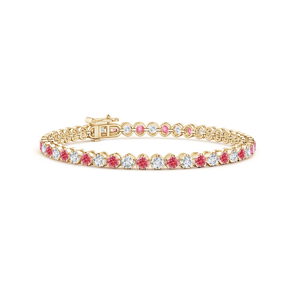 3mm Labgrown Classic Round Lab-Grown Fancy Intense Pink and White Diamond Tennis Bracelet in Yellow Gold