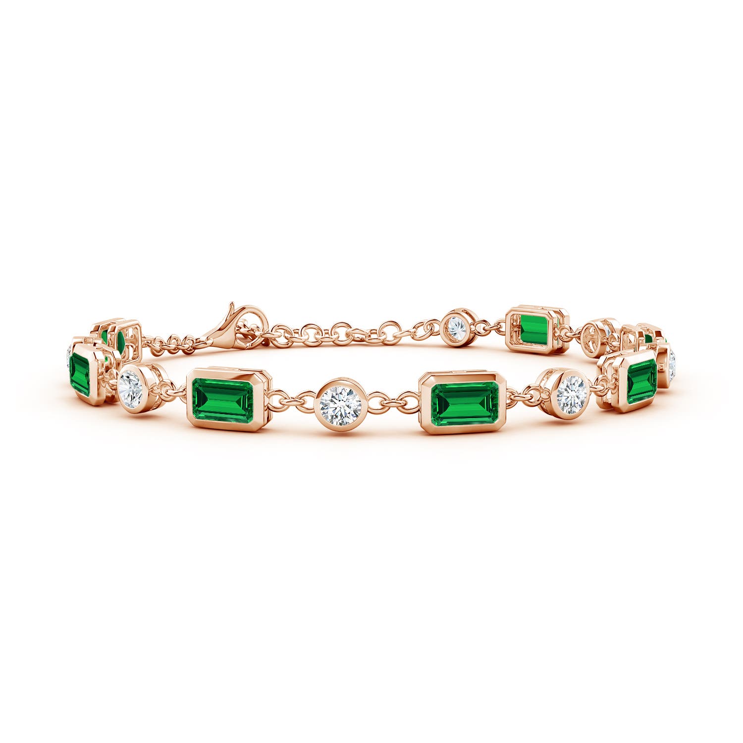 6x4mm Labgrown Emerald-Cut Lab-Grown Emerald and Round Diamond Station Bracelet in 18CT Rose Gold