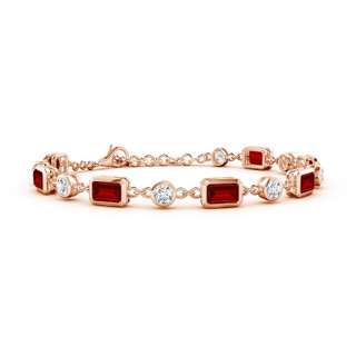 6x4mm Labgrown Emerald-Cut Lab-Grown Ruby and Round Diamond Station Bracelet in 18K Rose Gold