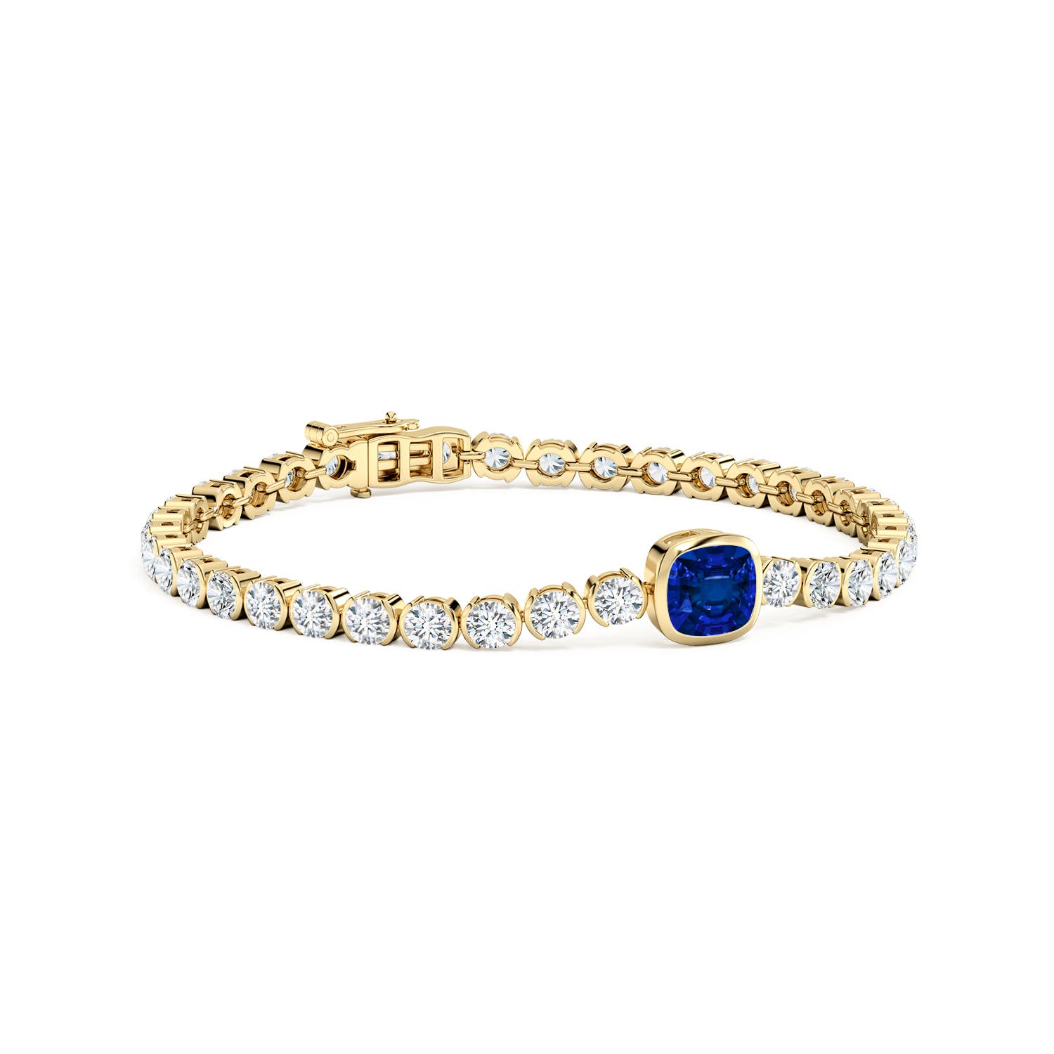 6mm Labgrown Bezel-Set Cushion Lab-Grown Blue Sapphire Tennis Bracelet with Diamond Accents in Yellow Gold