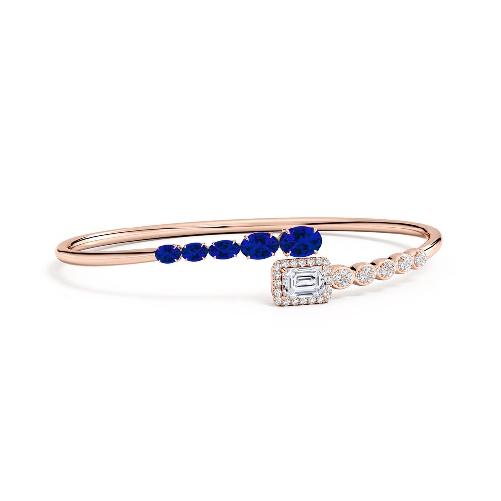 7x5mm Labgrown Oval Lab-Grown Blue Sapphire and Emerald-Cut Diamond Open Bangle in 9K Rose Gold