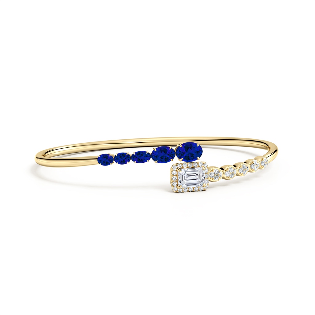 7x5mm Labgrown Oval Lab-Grown Blue Sapphire and Emerald-Cut Diamond Open Bangle in 9K Yellow Gold