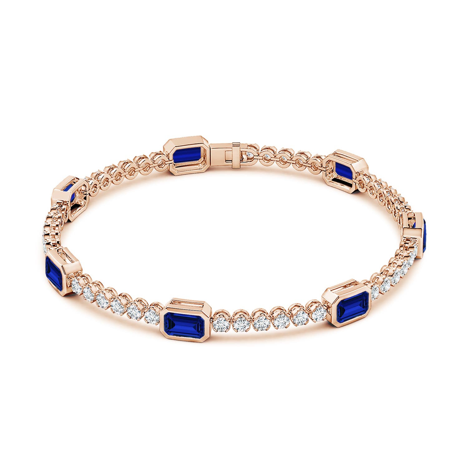 6x4mm Labgrown Bezel-Set Lab-Grown Blue Sapphire and Diamond Tennis Bracelet in 18K Rose Gold