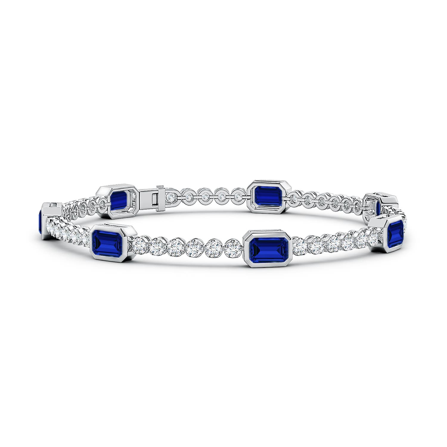 6x4mm Labgrown Bezel-Set Lab-Grown Blue Sapphire and Diamond Tennis Bracelet in White Gold