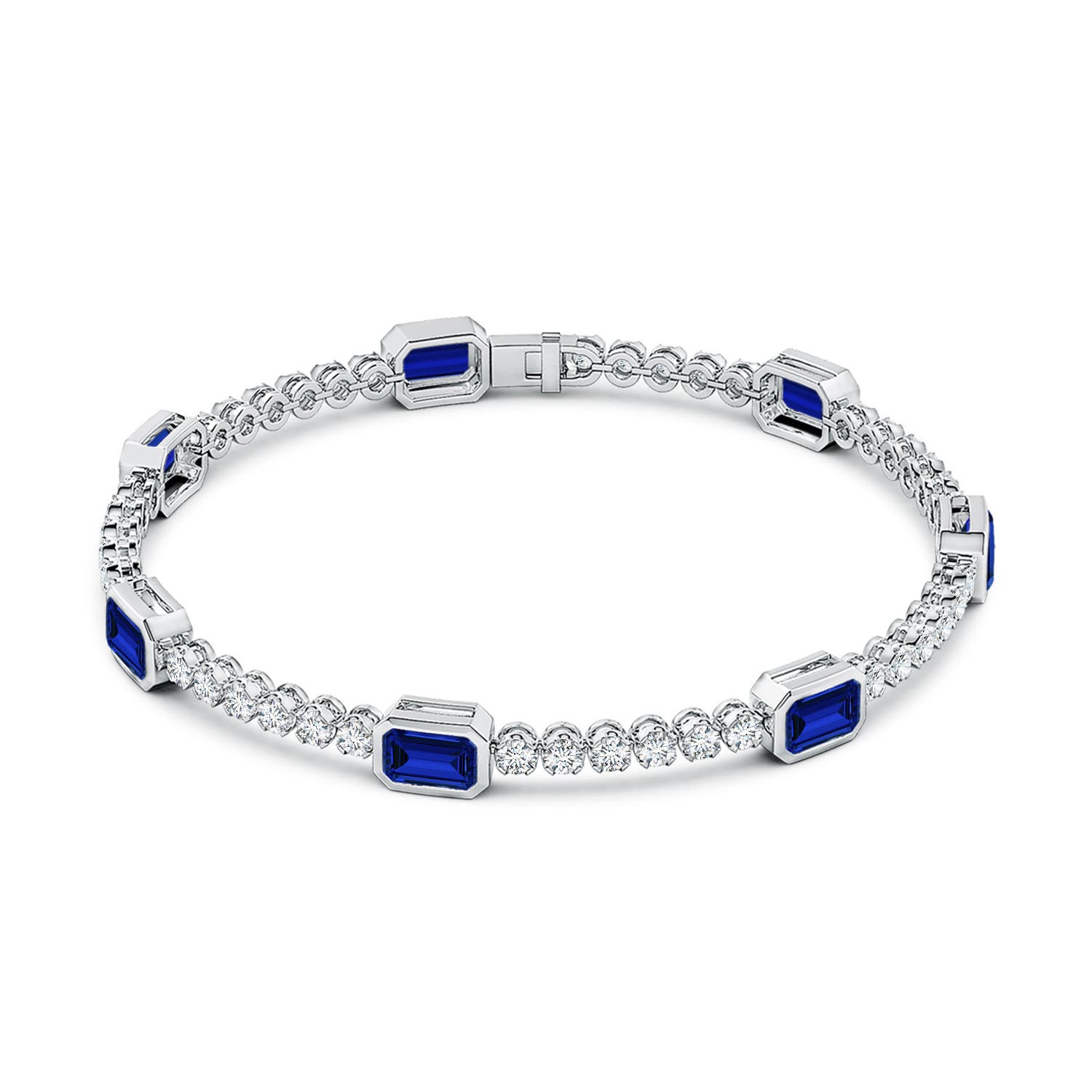 6x4mm Labgrown Bezel-Set Lab-Grown Blue Sapphire and Diamond Tennis Bracelet in White Gold - side 2