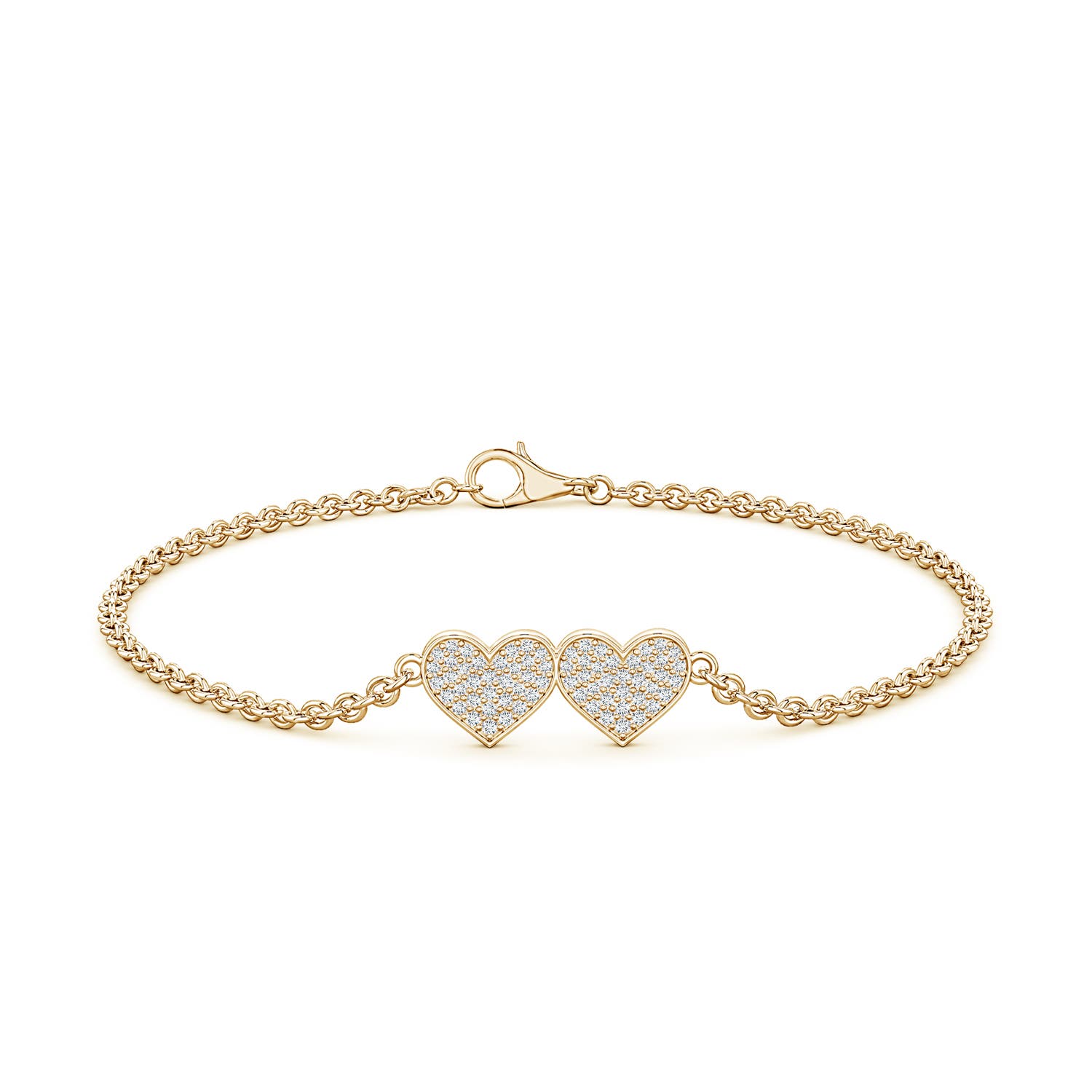 0.9mm FGVS Pavé Lab-Grown Diamond Double Heart Chain Bracelet in Yellow Gold - side 3