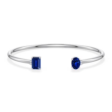 7x5mm Labgrown Oval and Emerald-Cut Lab-Grown Blue Sapphire Two-Stone Cuff Bracelet in White Gold - side - side 3