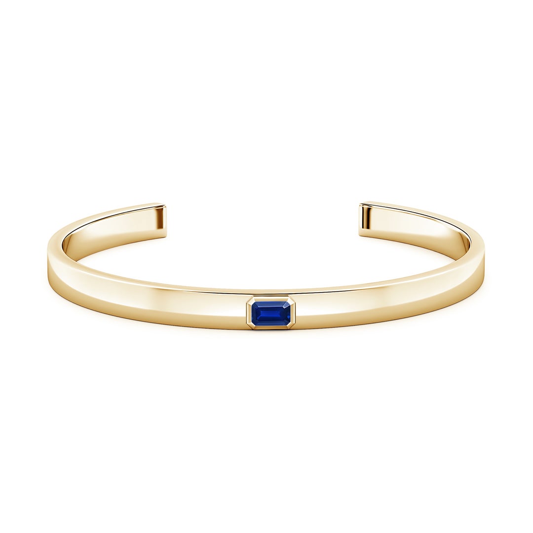 6x4mm Labgrown East-West Emerald-Cut Lab-Grown Blue Sapphire men's Cuff Bracelet in Yellow Gold - side 1