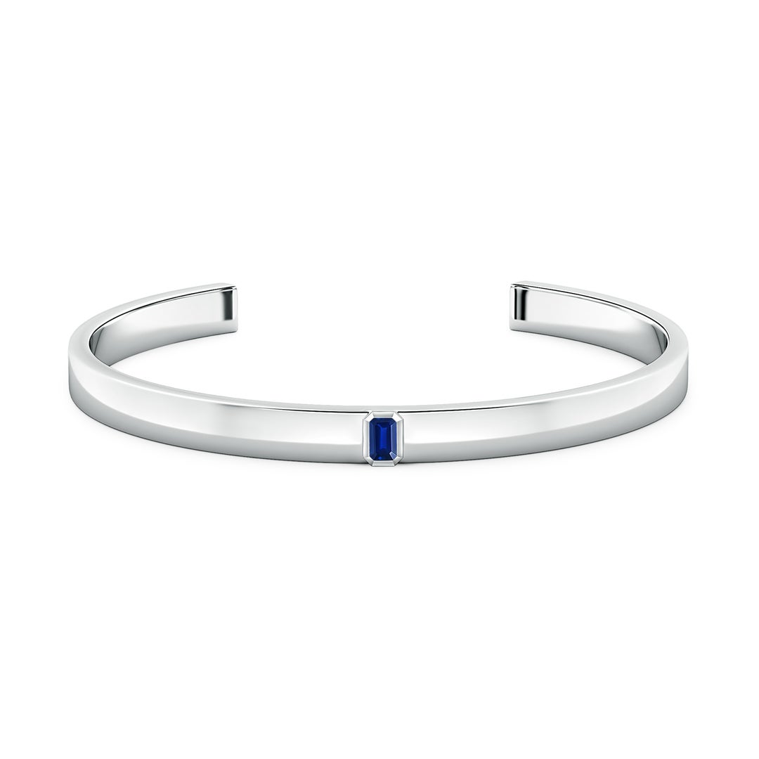 5x3mm Labgrown Emerald-Cut Lab-Grown Blue Sapphire men's Cuff Bracelet in White Gold - side 1