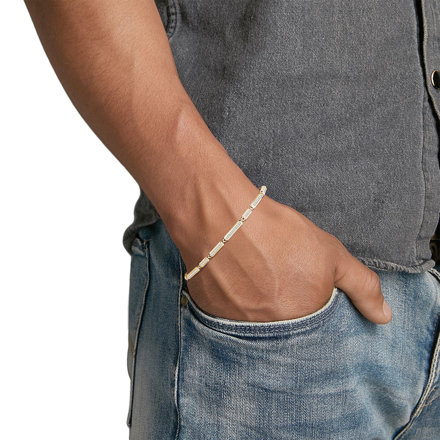 1.2mm FGVS Men's Pavé-Set Lab-Grown Diamond Octagon Tennis Bracelet in Yellow Gold - body_view 3