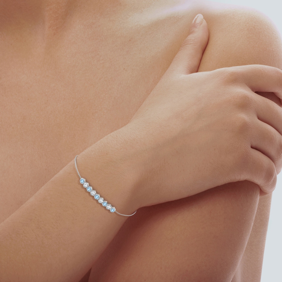 3mm AAA Natori x Angara Hexagonal Aquamarine and Diamond Bolo Bracelet in White Gold body-hand