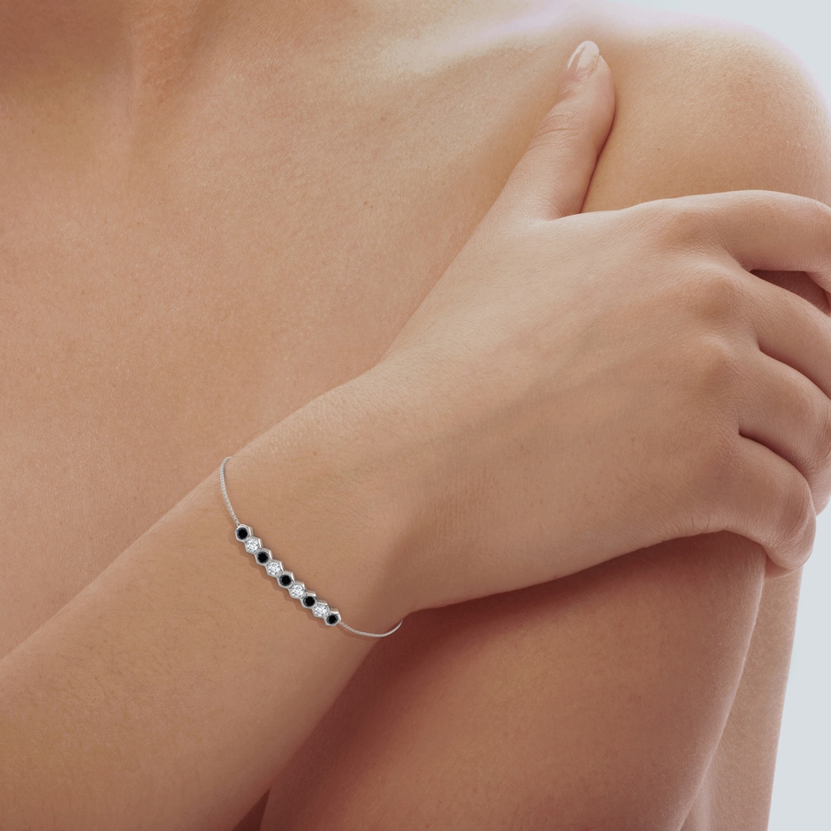 3mm AA Natori x Angara Hexagonal Black Diamond and Diamond Bolo Bracelet in White Gold body-hand