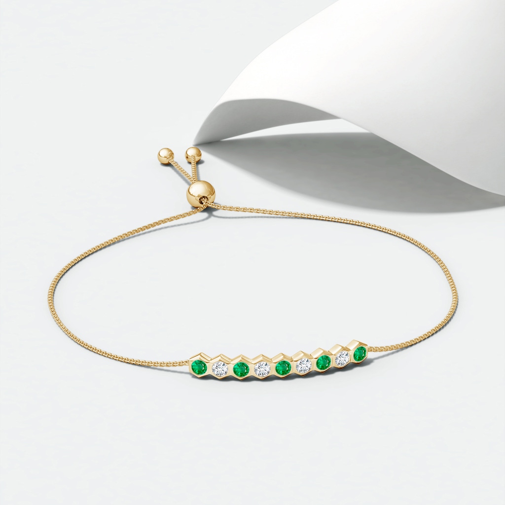 3mm AAA Natori x Angara Hexagonal Emerald and Diamond Bolo Bracelet in Yellow Gold Lifestyle
