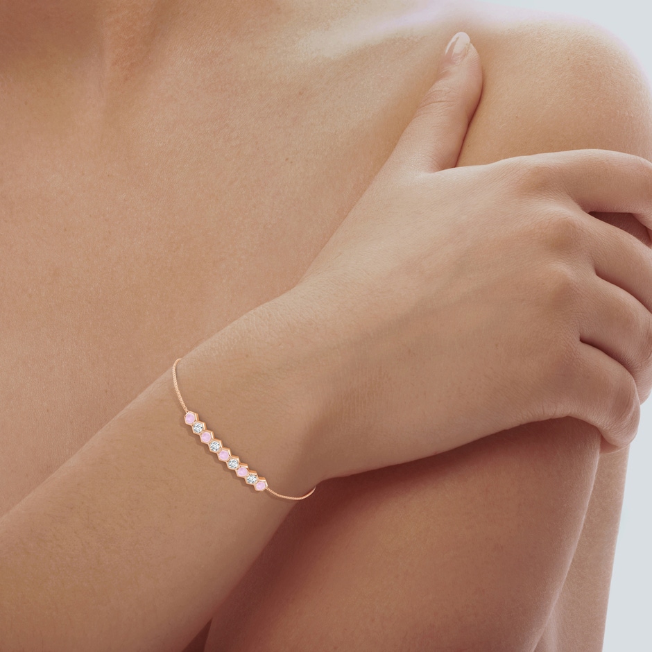 3mm AAA Natori x Angara Hexagonal Rose Quartz and Diamond Bolo Bracelet in Rose Gold body-hand