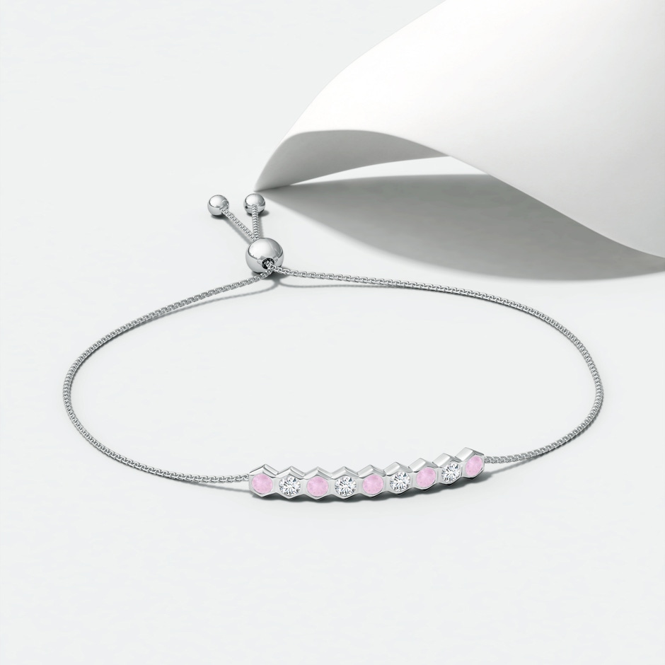 3mm AAA Natori x Angara Hexagonal Rose Quartz and Diamond Bolo Bracelet in White Gold lifestyle