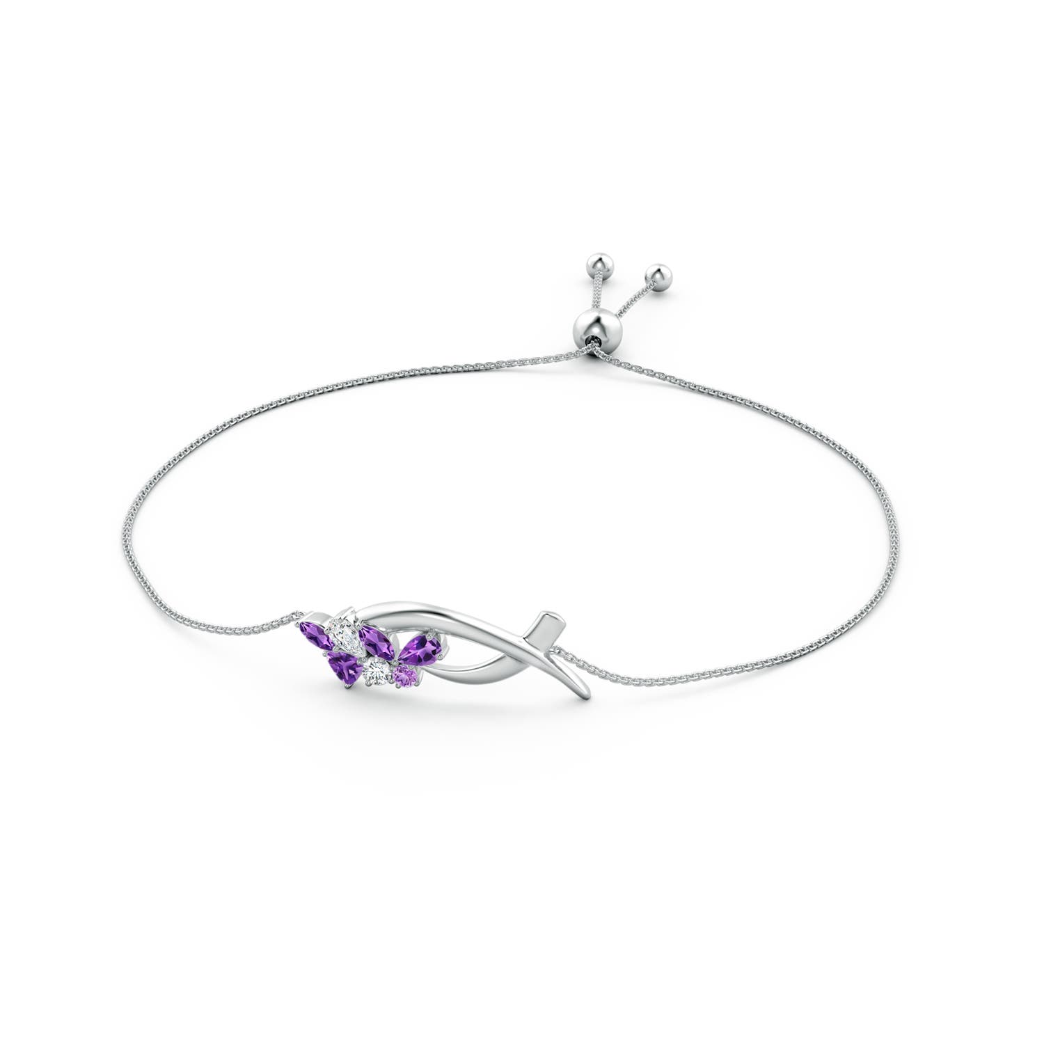 5x3mm AAA Natori x Angara Multi-Shape Amethyst & Diamond Sumi Stroke Bolo Bracelet in White Gold