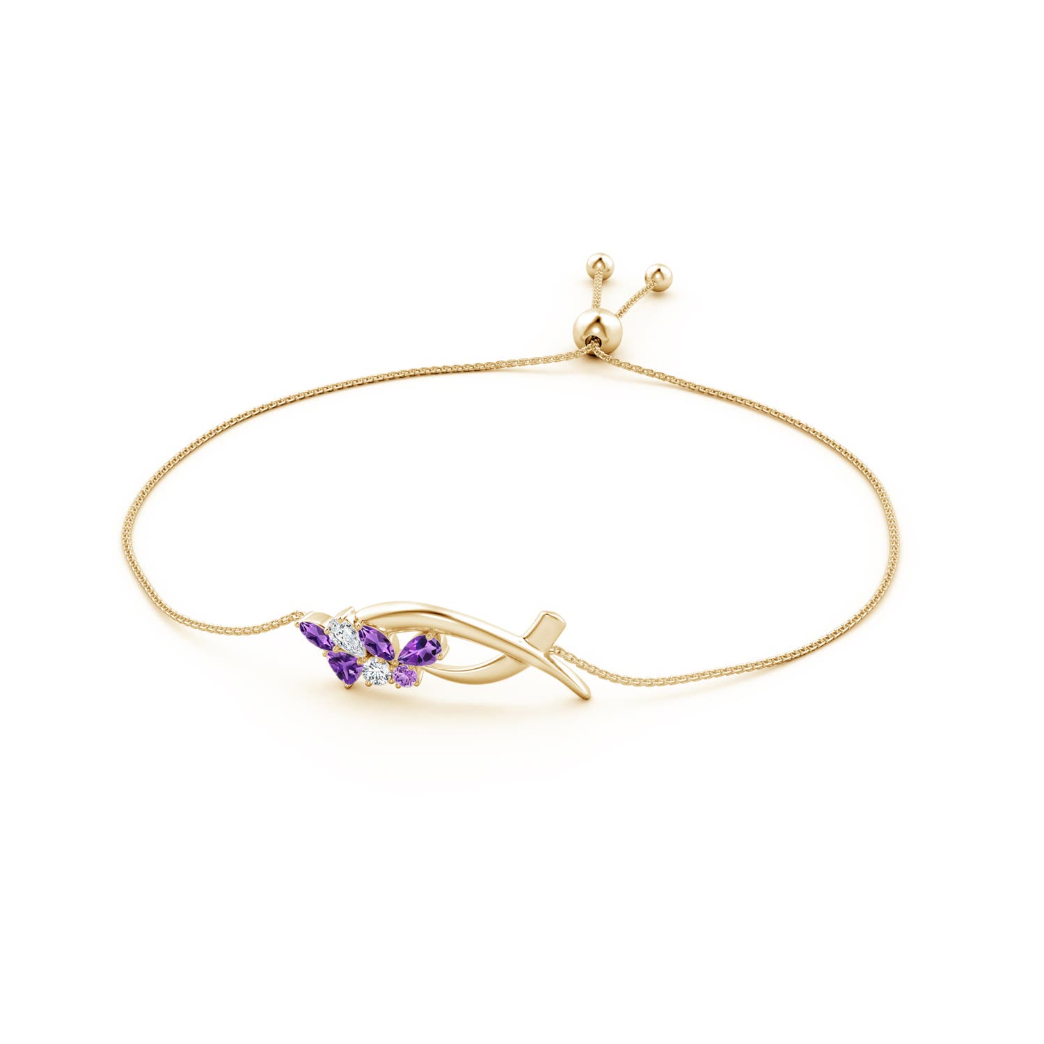 5x3mm AAA Natori x Angara Multi-Shape Amethyst & Diamond Sumi Stroke Bolo Bracelet in Yellow Gold