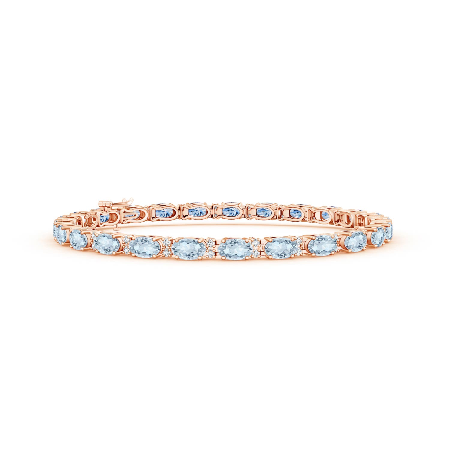 5x3mm A Classic Oval Aquamarine and Diamond Tennis Bracelet in Rose Gold