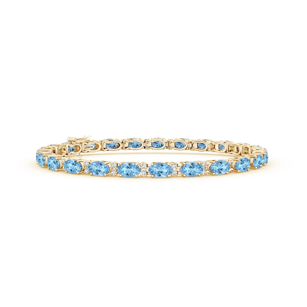 5x3mm AAAA Classic Oval Aquamarine and Diamond Tennis Bracelet in Yellow Gold