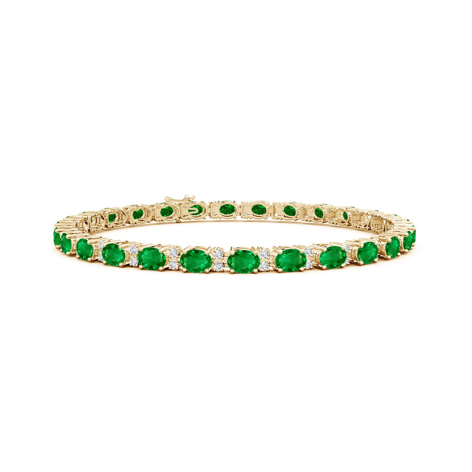 4x3mm AAAA Classic Oval Emerald and Diamond Tennis Bracelet in Yellow Gold