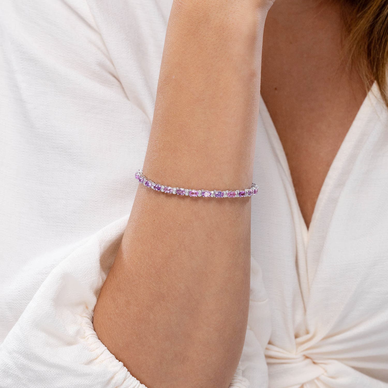 Classic Oval Pink Sapphire and Diamond Tennis Bracelet