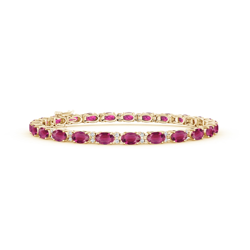 5x3mm AAAA Classic Oval Pink Tourmaline and Diamond Tennis Bracelet in Yellow Gold