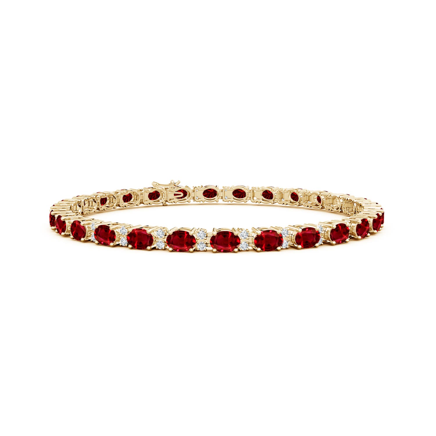 4x3mm AAAA Classic Oval Ruby and Diamond Tennis Bracelet in 18K Yellow Gold