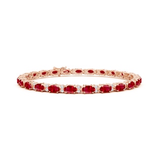 5x3mm AAA Classic Oval Ruby and Diamond Tennis Bracelet in 18K Rose Gold