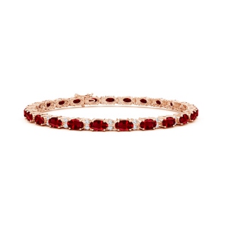 5x3mm AAAA Classic Oval Ruby and Diamond Tennis Bracelet in 18K Rose Gold