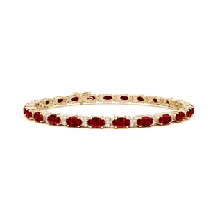 5x3mm AAAA Classic Oval Ruby and Diamond Tennis Bracelet in 9K Yellow Gold