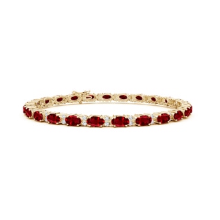 5x3mm AAAA Classic Oval Ruby and Diamond Tennis Bracelet in Yellow Gold