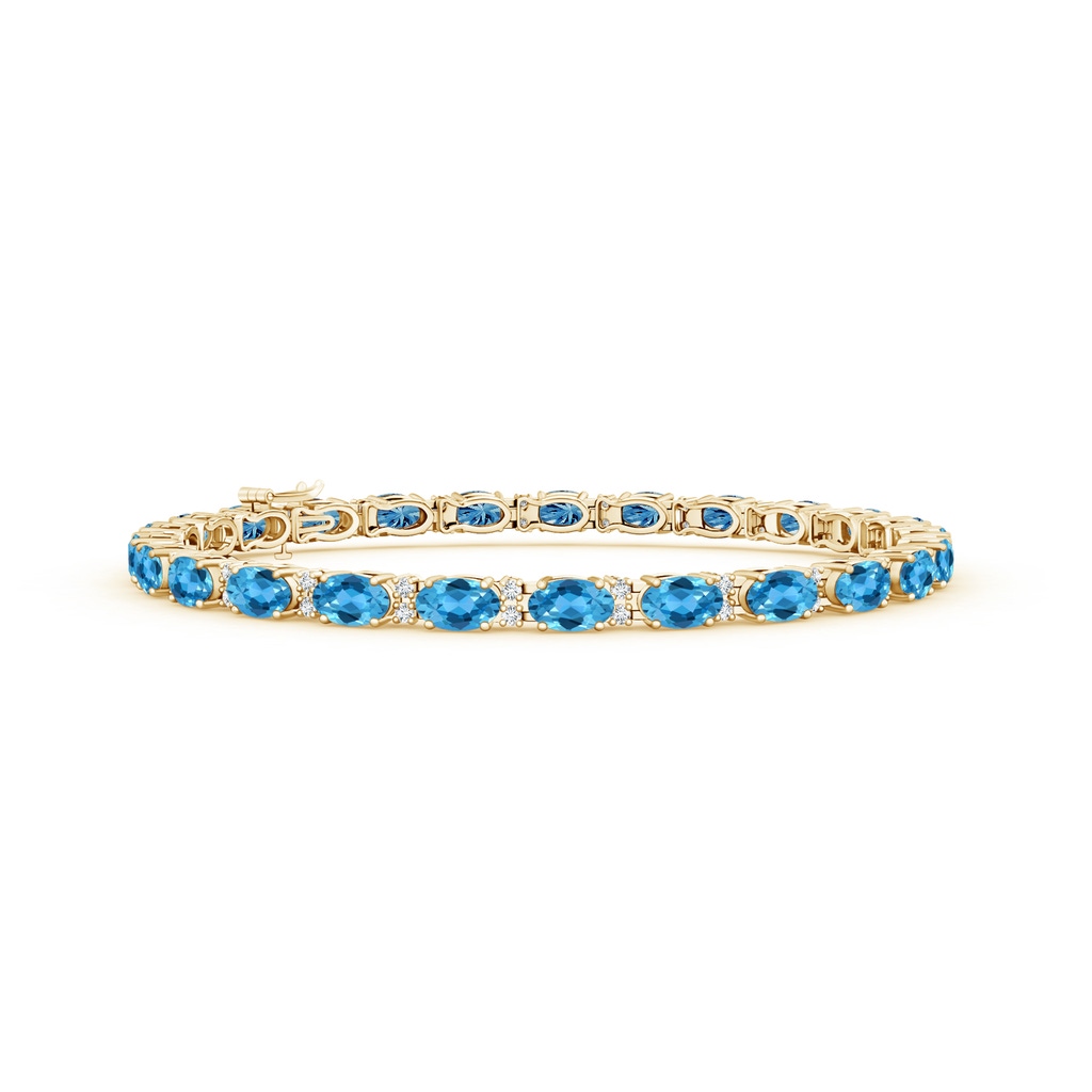 5x3mm AAA Classic Oval Swiss Blue Topaz and Diamond Tennis Bracelet in Yellow Gold