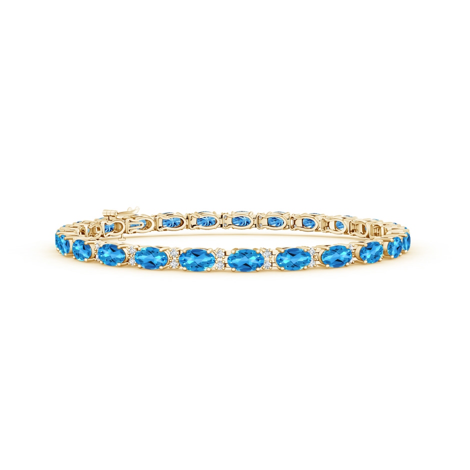 5x3mm AAAA Classic Oval Swiss Blue Topaz and Diamond Tennis Bracelet in Yellow Gold 