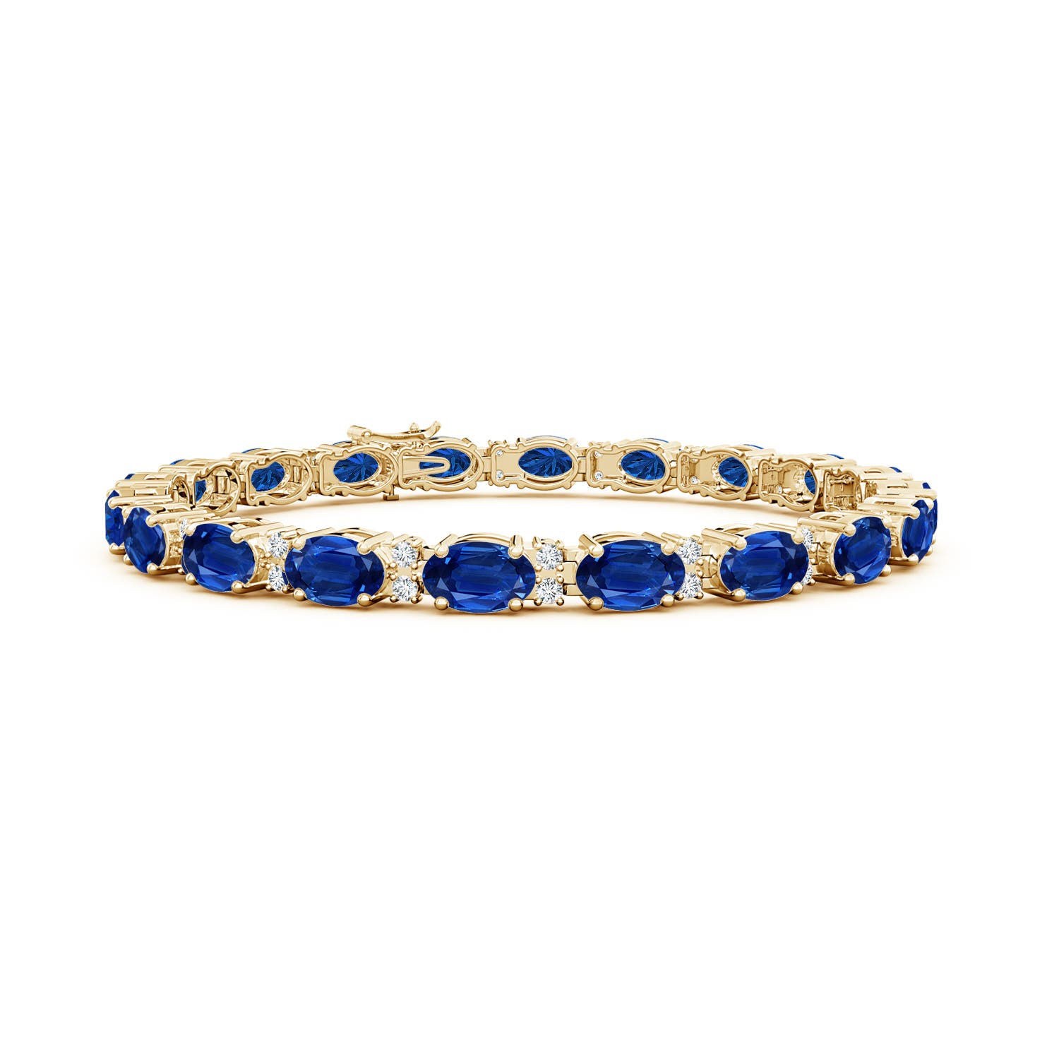 6x4mm AAA Classic Oval Blue Sapphire and Diamond Tennis Bracelet in 18K Yellow Gold