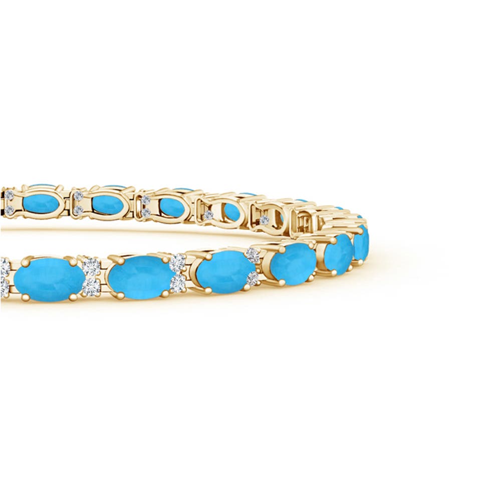 5x3mm AAA Classic Oval Turquoise and Diamond Tennis Bracelet in Yellow Gold