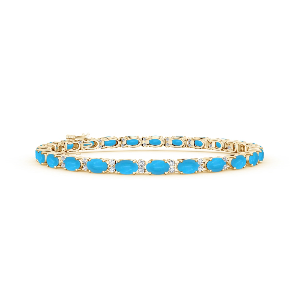 5x3mm AAAA Classic Oval Turquoise and Diamond Tennis Bracelet in Yellow Gold