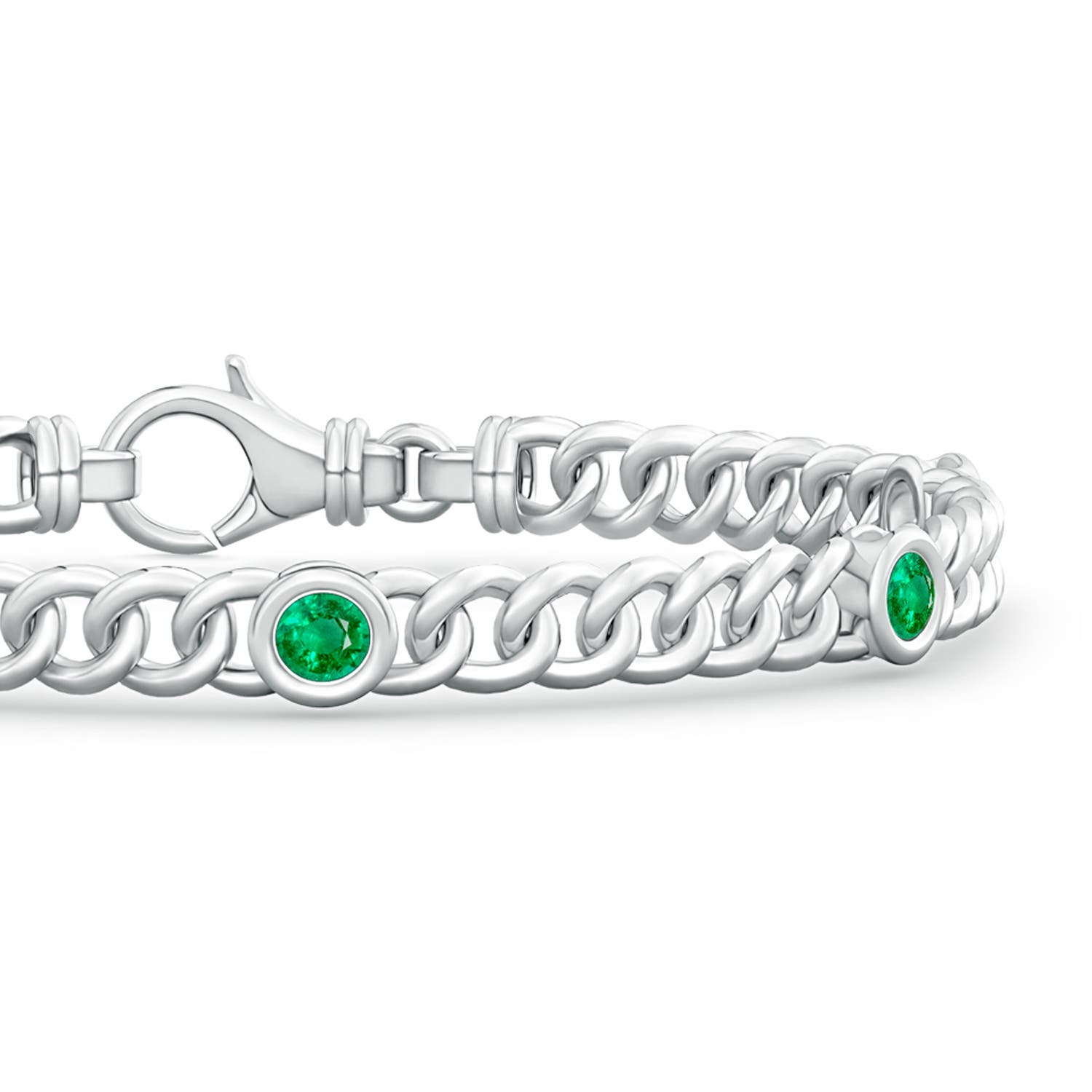 3.5mm AAA Bezel-Set Emerald Curb Chain Link Bracelet in White Gold - side 1