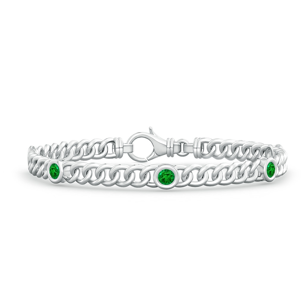 3.5mm AAAA Bezel-Set Emerald Curb Chain Link Bracelet in White Gold