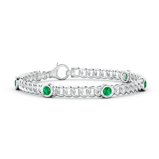 4mm AAA Bezel-Set Emerald Curb Chain Link Bracelet in 10K White Gold