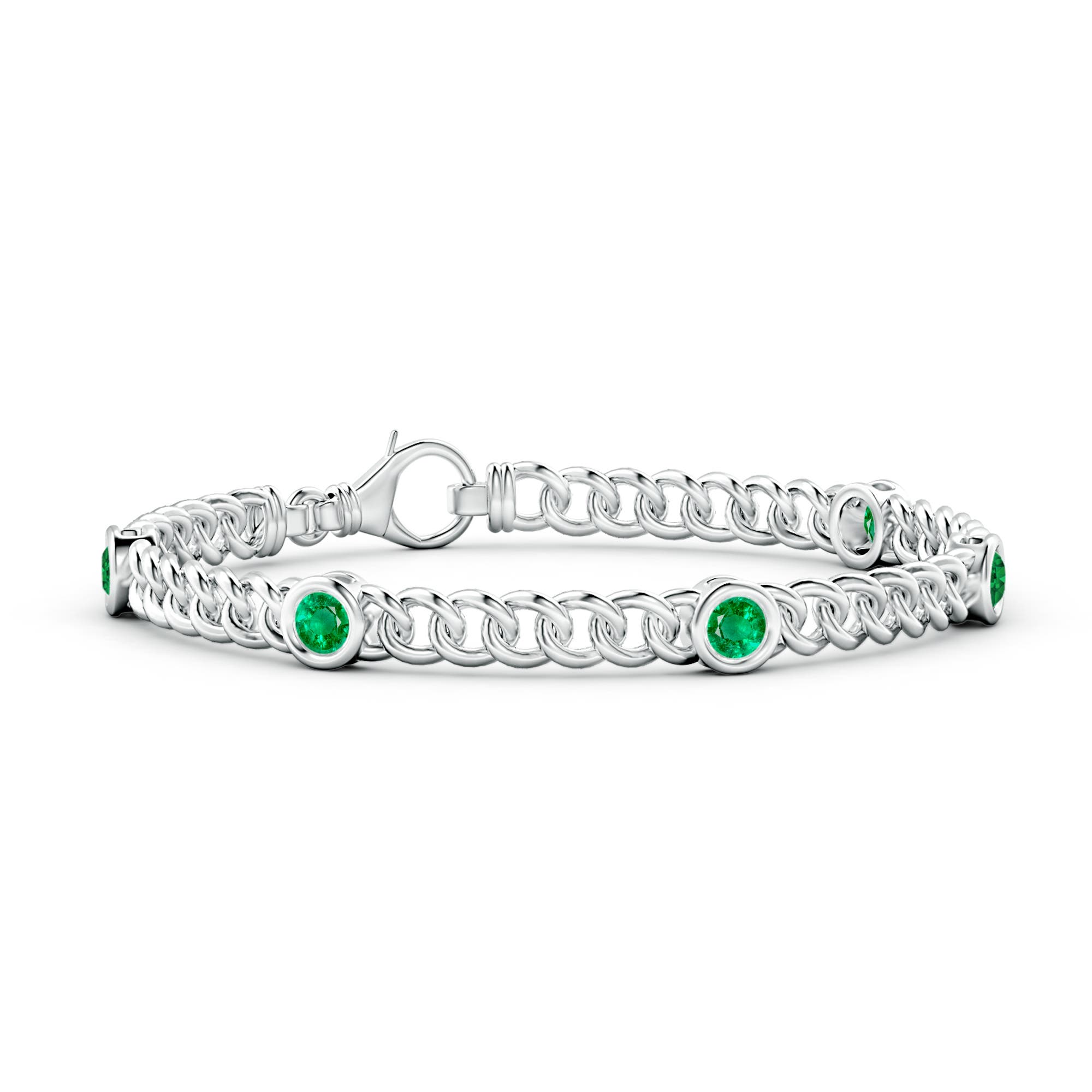 4mm AAA Bezel-Set Emerald Curb Chain Link Bracelet in White Gold