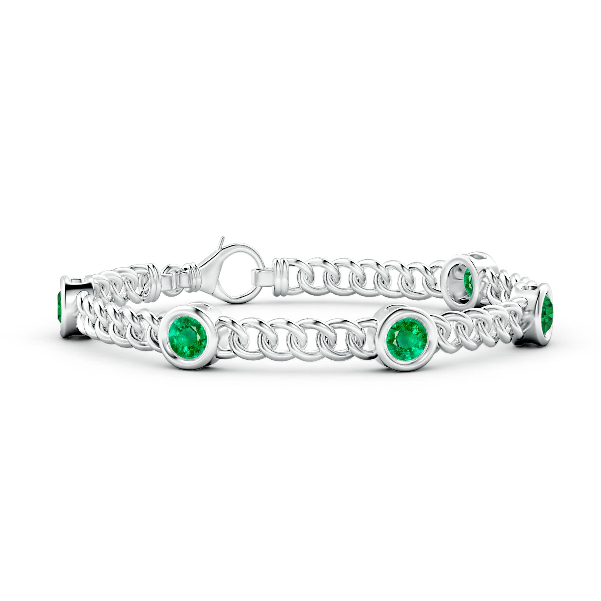5mm AAA Bezel-Set Emerald Curb Chain Link Bracelet in White Gold