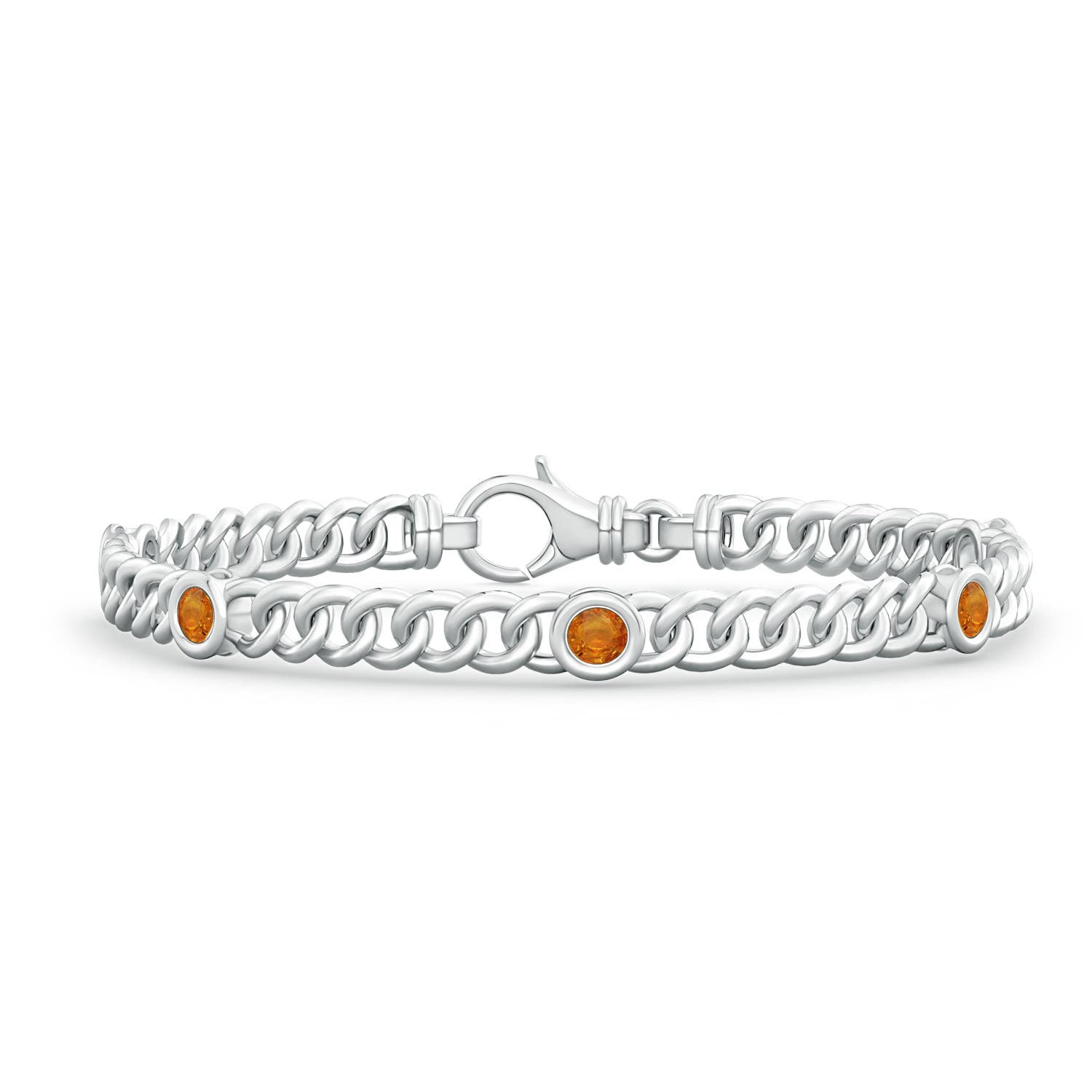 3.5mm AA Bezel-Set Orange Sapphire Curb Chain Link Bracelet in S999 Silver