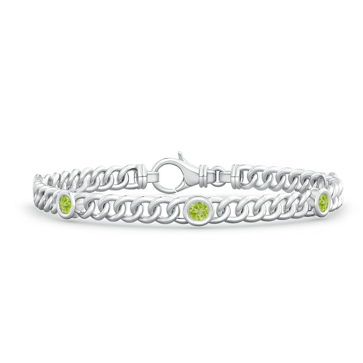3.5mm AA Bezel-Set Peridot Curb Chain Link Bracelet in S999 Silver