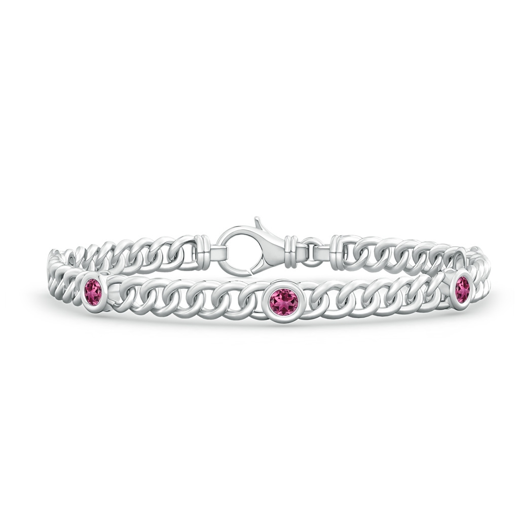 3.5mm AAAA Bezel-Set Pink Tourmaline Curb Chain Link Bracelet in S999 Silver