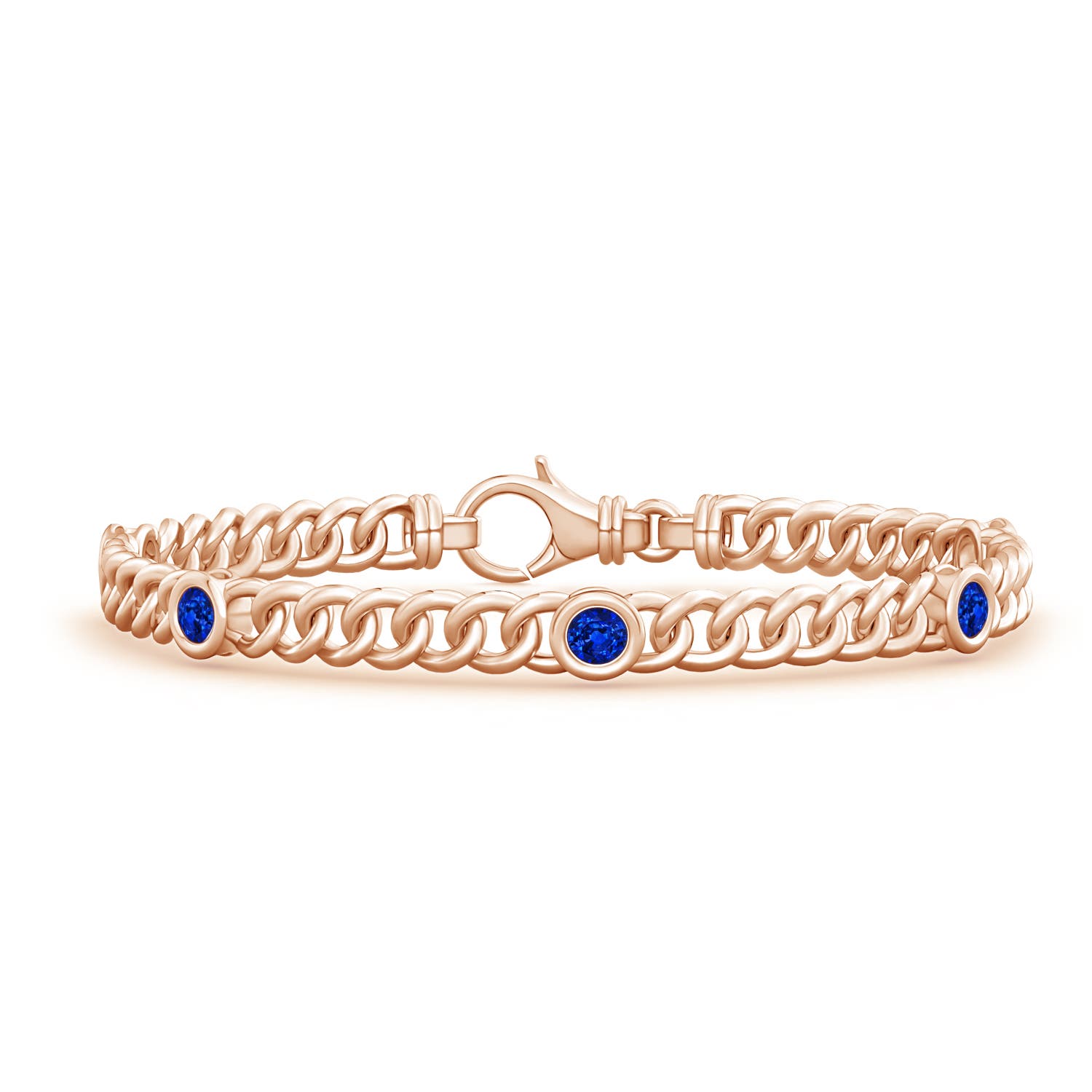 3.5mm AAAA Bezel-Set Blue Sapphire Curb Chain Link Bracelet in Rose Gold