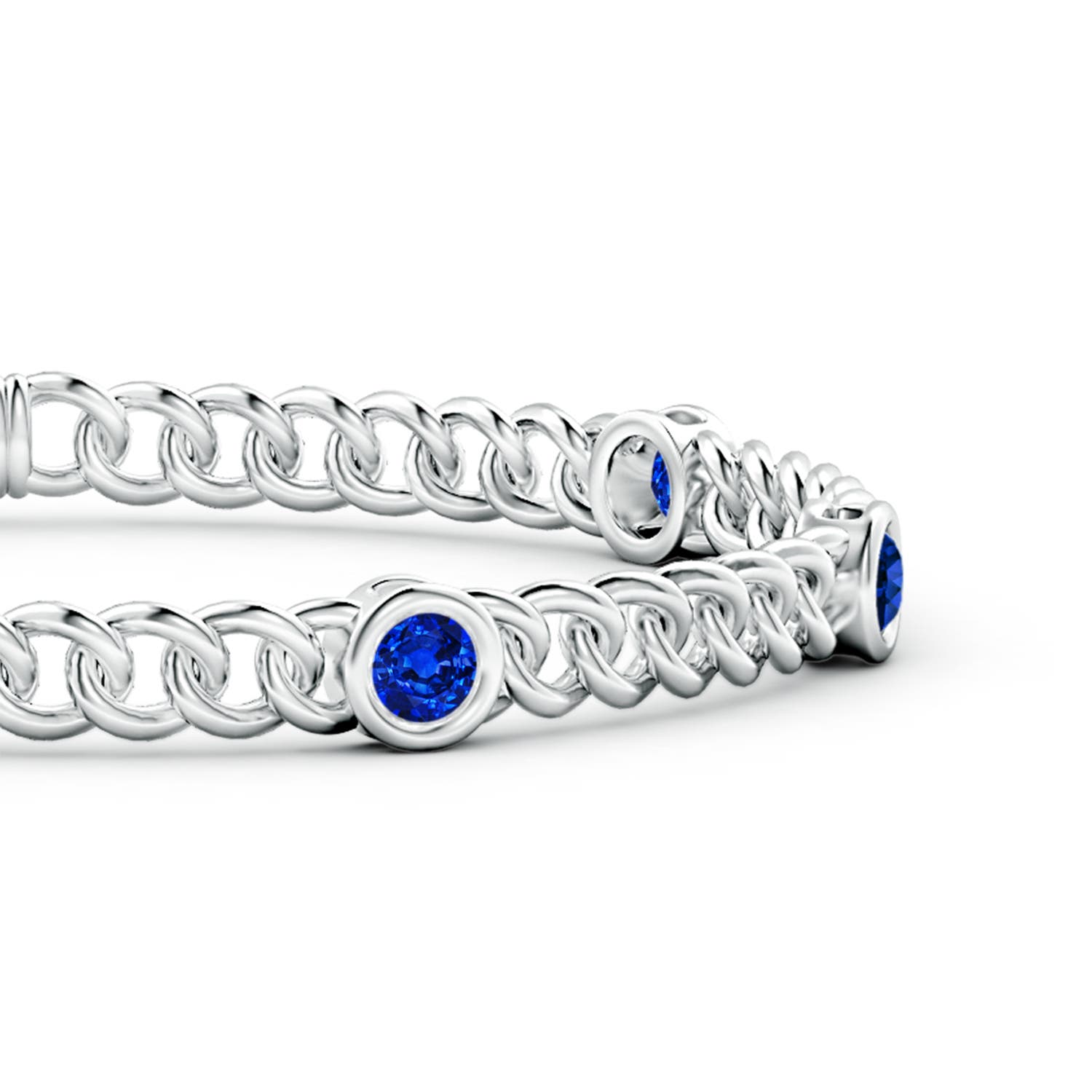 4mm AAAA Bezel-Set Blue Sapphire Curb Chain Link Bracelet in White Gold - side 3
