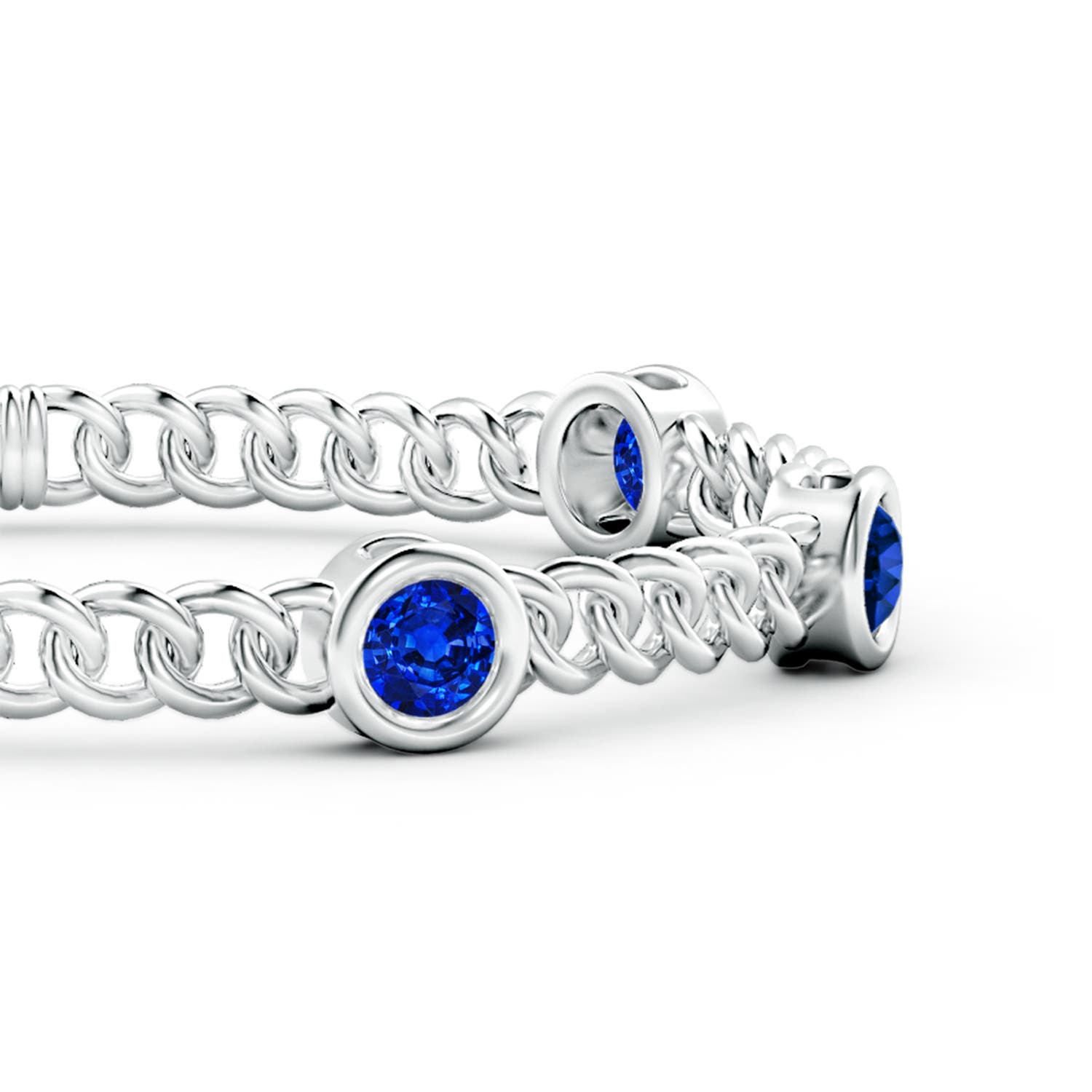 5mm AAAA Bezel-Set Blue Sapphire Curb Chain Link Bracelet in White Gold - side 3