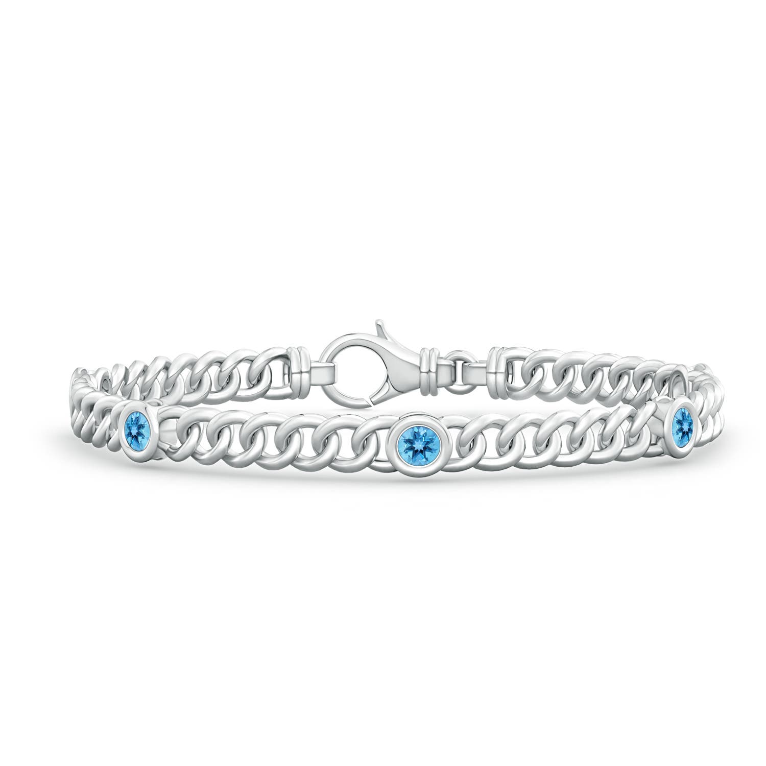 3.5mm AA Bezel-Set Swiss Blue Topaz Curb Chain Link Bracelet in S999 Silver