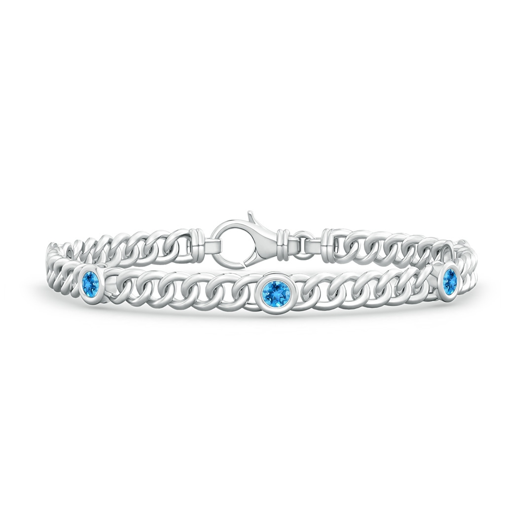 3.5mm AAA Bezel-Set Swiss Blue Topaz Curb Chain Link Bracelet in White Gold 