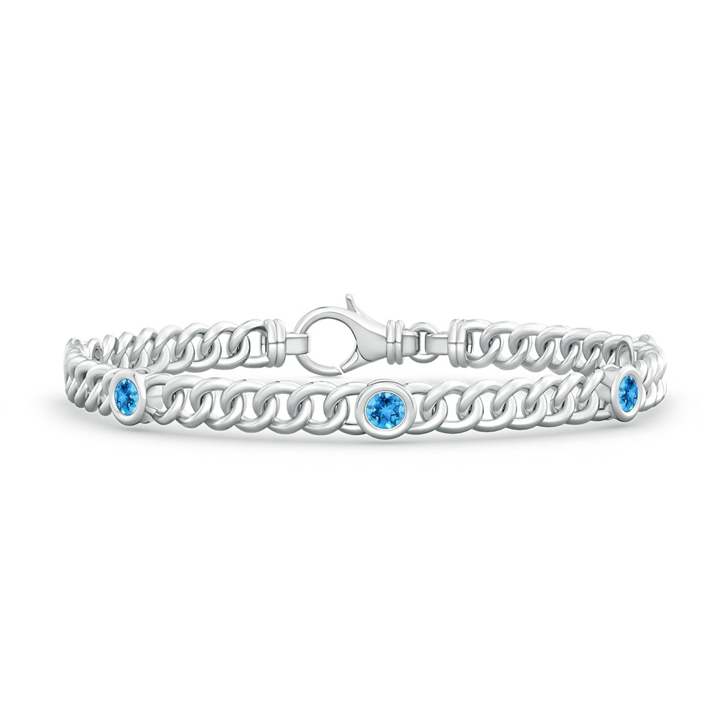 3.5mm AAA Bezel-Set Swiss Blue Topaz Curb Chain Link Bracelet in White Gold
